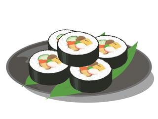 皿と笹葉の上に並べた太巻き寿司5切れ