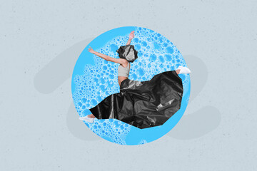 Collage photo banner of young jump air lady wear plastic skirt headless trash head near blue foam...