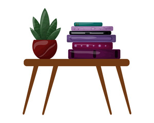 Stack of books and room space on the table. Flat, cartoon, vector illustration of a part of a room