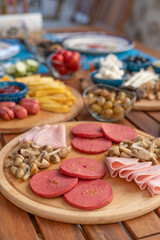 Breakfast buffet table filled with assorted foods