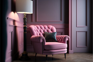 Art Deco interior in classic style with pink armchair and lamp.3d rendering