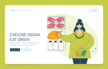 Web app landing happy woman chooses veganism and vegetables. Concept vegetarian diet girl with a basket full of fruits and vegetables in the supermarket refuses meat and milk .