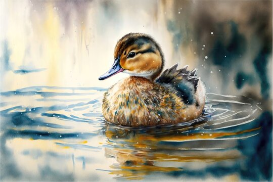 Cute duck in the lake watercolor painting. Generative AI