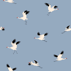 Fototapeta premium Seamless trendy pattern with siberian crane. Cartoon vector illustration for prints, clothing, packaging and postcards.