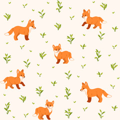 Simple seamless trendy animal pattern with fox in various poses and and grass sprig. Outline vector illustration.