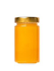 Fresh honey in a jar on a white isolated background.