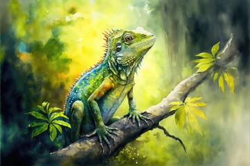 Cute iguana standing on a branch watercolor painting. Generative AI - obrazy, fototapety, plakaty
