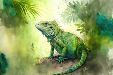 Naklejka na ściany i meble Cute iguana standing in the middle of the forest watercolor painting. Generative AI