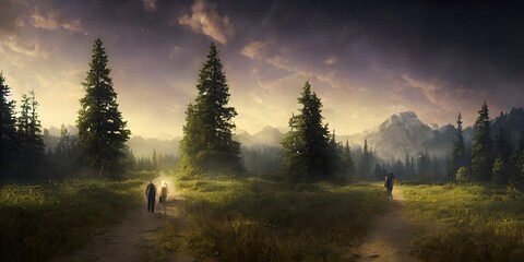 pine trees misty landscape scene