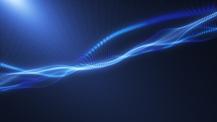 Blue futuristic neon background. Creative abstract background, an abstract light fabric fluttering in the wind in the rays of light. 3D render.