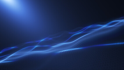 Blue futuristic neon background. Creative abstract background, an abstract light fabric fluttering in the wind in the rays of light. 3D render.