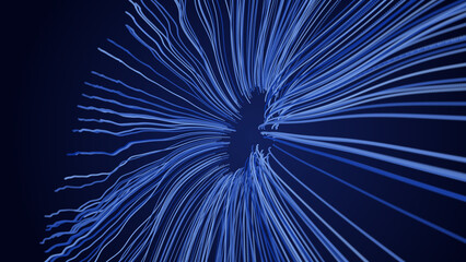 Blue futuristic neon background. Creative abstract background, fantastic flower with thin winding blue petals. 3D render.