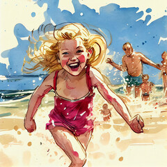 Obraz na płótnie Canvas Watercolor of a family enjoying the beach