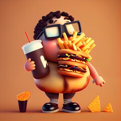Fat boy enjoy eating junk foods,cartoon style on orange background.Ai generated