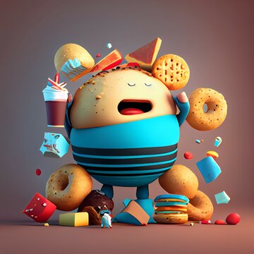 Fat boy enjoy eating junk foods,illustrations cartoon background.Ai generated