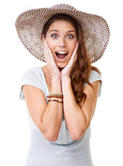 Woman, surprise and studio portrait with hat for summer, fashion and excited for holiday with beauty. Model, sunhat and wow face with hands, happy and clothes for style, design and white background