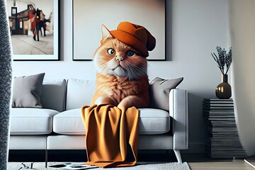 orange cat so happy wear accessories in living room,art style.Ai generated