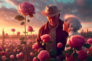 Illustration of grandparents in the rose field for valentine's concept,Ai generated
