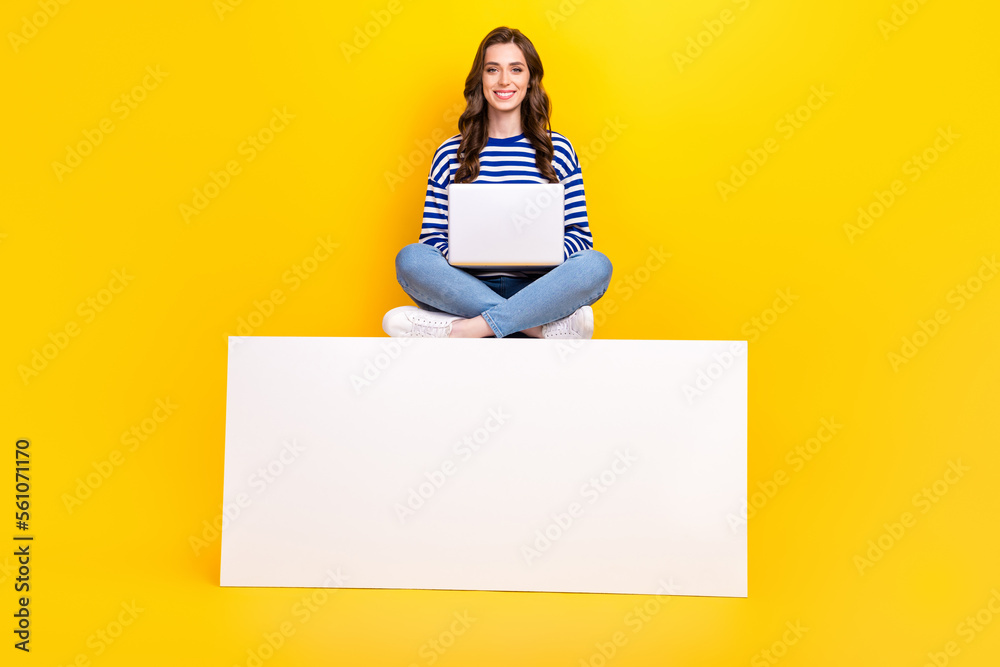 Sticker Full size photo of attractive positive girl sit empty space banner use netbook isolated on yellow color background