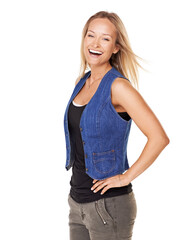 Happy woman, portrait and laughing with a positive mindset isolated on a white background for fashion and beauty. Face of a female model excited about funny joke, free space and a healthy lifestyle