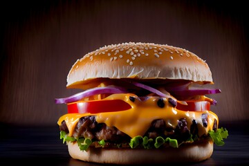 close up beef hamburger on black background,Ai generated