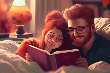 Young man and his girlfriend reading a book so happy on bed for valentine's day concept,ai generated - obrazy, fototapety, plakaty