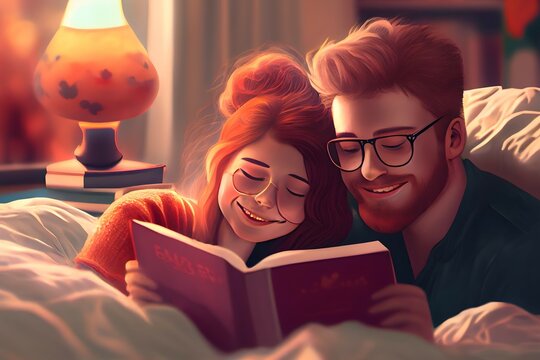 Young man and his girlfriend reading a book so happy on bed for valentine's day concept,ai generated