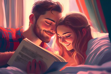 Young man and his girlfriend reading a book so happy on bed for valentine's day concept,ai generated