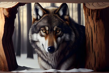 Close up profile portrait of wolf Hiding in timber behind snow,generative Ai