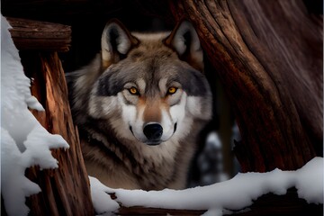 Close up profile portrait of wolf Hiding in timber behind snow,generative Ai