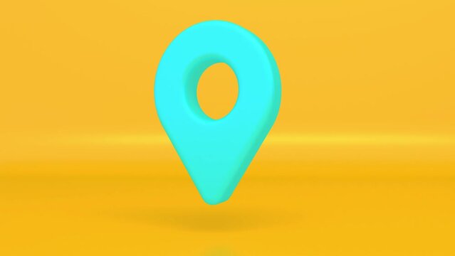 Shiny modern blue spinning map pointer. 3D rendering locator pin. Location symbol on yellow background. Web location rotation point 4K animation.
