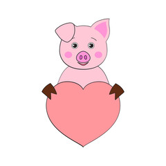 Obraz na płótnie Canvas Cute pig with a heart. Valentine card in kawaii style. For the design of prints, posters, stickers, cards and so on. Vector illustration on white background