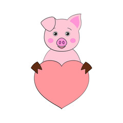 Cute pig with a heart. Valentine card in kawaii style. For the design of prints, posters, stickers, cards and so on. Vector illustration on white background