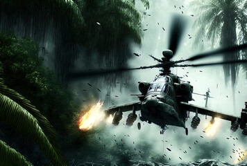Obraz premium Helicopter gunship rains down missile and machine gun fire. Action scene. Made with Generative AI. 
