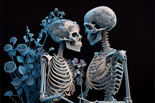 A pair of skeletons in a loving posture symbolizing love beyond the grave, generative AI