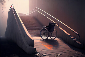 Fototapeta wheelchair by a flight of stairs symbolizing accessibility and mobility issues in the city, generative AI obraz