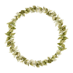 Obraz premium Watercolor Eucalyptus Wreath with green leaves. Hand drawn illustration of botanical round Frame for wedding invitations or greeting cards. Drawing of herbal vintage border on isolated background