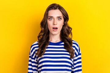 Photo of young funny impressed woman open mouth unexpected confused scared problems bad reaction...