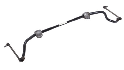 Metal anti-roll bar stabilizer - a device in vehicle suspension that serves to reduce lateral rolls in corners, it was used on a white isolated for installation or repair in workshop