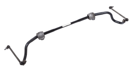 Metal anti-roll bar stabilizer - a device in vehicle suspension that serves to reduce lateral rolls in corners, it was used on a white isolated for installation or repair in workshop