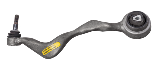 Curved metal chassis arm lever with ball and rubber-metal joint with bushings - silent block on a white isolated background. Detail for suspension repair in a workshop or garage.