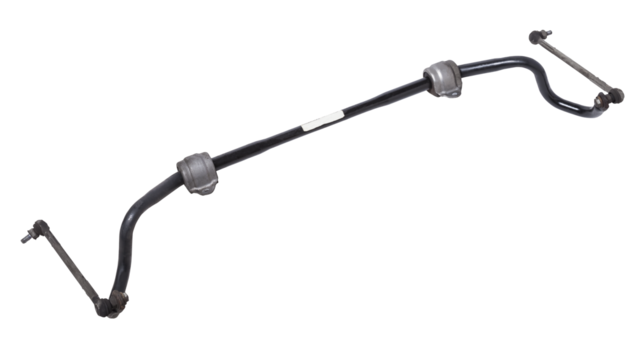 Metal anti-roll bar stabilizer - a device in vehicle suspension that serves to reduce lateral rolls in corners, it was used on a white isolated for installation or repair in workshop