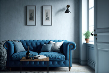 Loft and vintage interior of living room, Blue sofa on white flooring and blue wall.