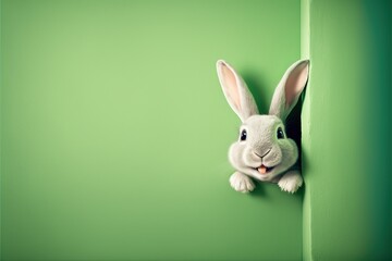 Joyful rabbit peeking out of a hole in the wall, on a green background, created with Generative AI technology. Copy space.  - obrazy, fototapety, plakaty