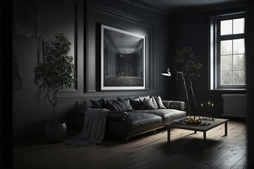 Dark living room interior with black empty wall