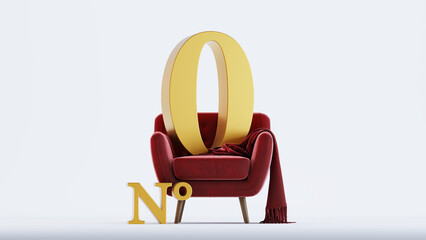 3D render of golden number zero on top of red sofa, number 0 © mustapha