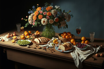 Obraz na płótnie Canvas Long table with food and flowers