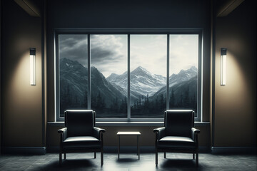 Dark waiting room interior with two armchairs and panoramic window