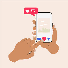 Hand holding phone with red heart. Sending love messages on smartphone. Chatting with friends. Social media addiction.  Illustration