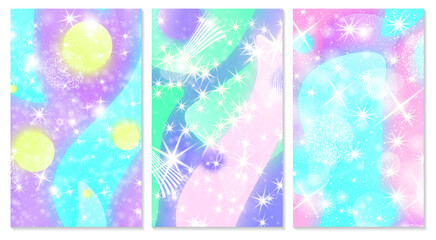 Fairy background. Unicorn pattern. Holographic magic stars.